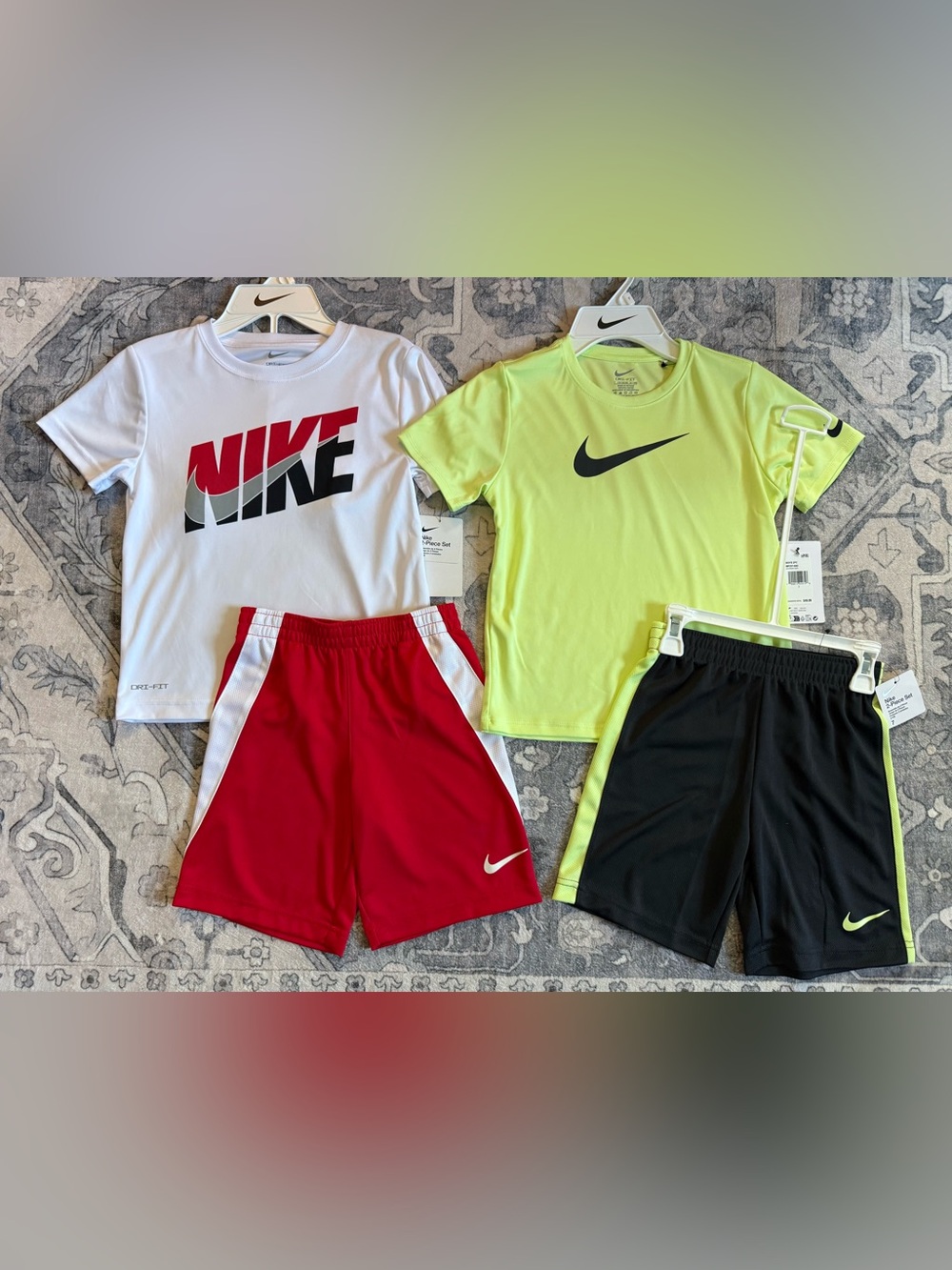 Nike Kids size 7  2-Pack Tee & Short Sets - White/Red and Neon/Black